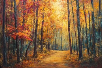 Fototapeta premium A Sunlit Path Through a Forest of Golden and Red Autumn Leaves