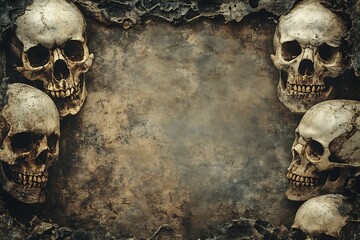 A dark, textured background framed by skulls, evoking themes of mortality and the macabre.