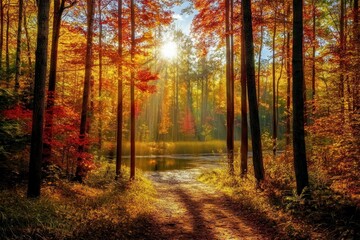 Obraz premium Sunlit Path Through Autumn Forest with Stream