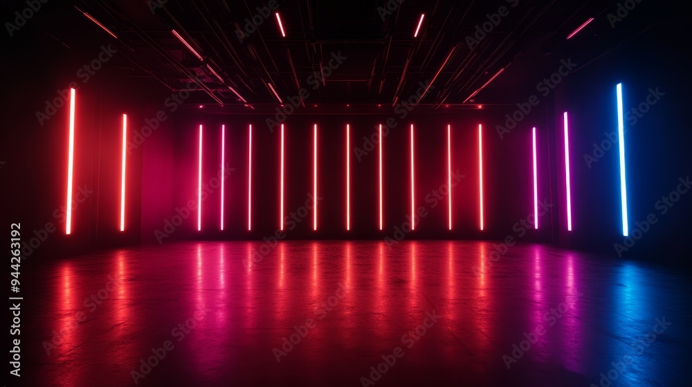 Canvas Prints A dark stage illuminated by vibrant neon lights, creating a futuristic and energetic atmosphere. The lines of light reflect on the glossy floor, symbolizing creativity, energy, and modern design.