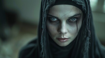 A woman in a black hooded cloak with a serious expression and blue eyes looks directly at the camera.