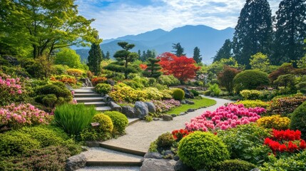 Serene Japanese Garden with a Winding Path and Blooming Flowers