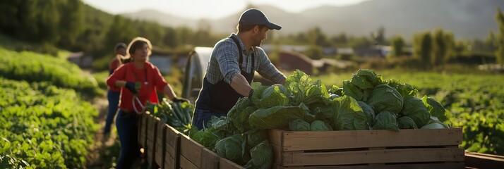 Farmers dressed in casual work attire are harvesting lettuce in a lush, green field under the warm sunlight.