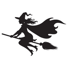 Fototapeta premium Mythical characters for Halloween, Silhouette witch flies on a magic broomstick
