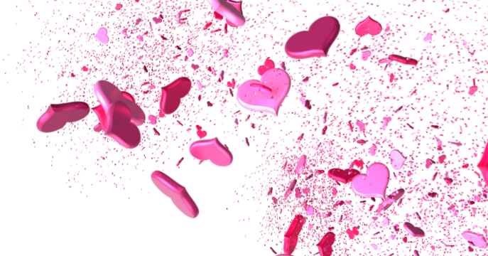 Love valentine background with red petals of hearts on transparent background