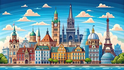 Fototapeta premium Stylized hand-drawn illustration of a European city's majestic skyline featuring iconic landmarks, ornate architecture, and vibrant colors against a soft, dreamy blue background.