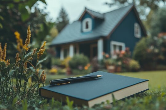 Artistic Linear Banner Design with Blue Tones for First-Time Homebuyer Text on Notepad