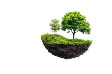 Floating green islands with trees representing nature conservation and environmental sustainability in a surreal setting isolate on transparency background