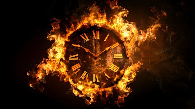 A surreal portrayal of time with a clock exploding and engulfed in flames