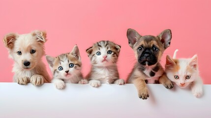 White blank mockup. Surprised puppy black dog and black cat standing and holding white paper. Black Friday sale concept. Red background. Copy space. illustration.