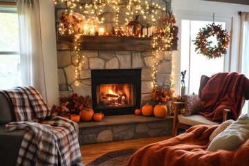 Cozy Living Room with Fireplace, Pumpkins, and Fall Decor