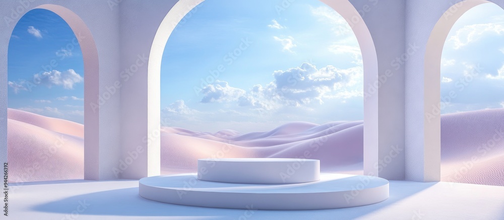Poster 3d render of an abstract surreal pastel landscape featuring arches and a podium for product display 