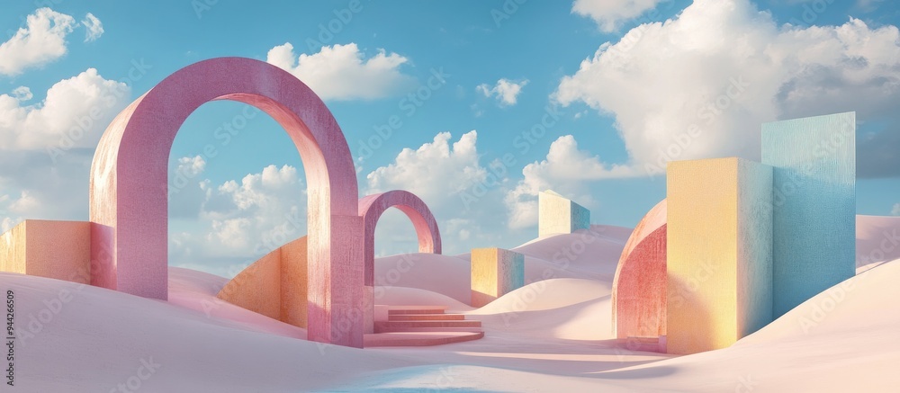 Poster 3d render of an abstract surreal pastel landscape featuring modern architecture and geometric arches