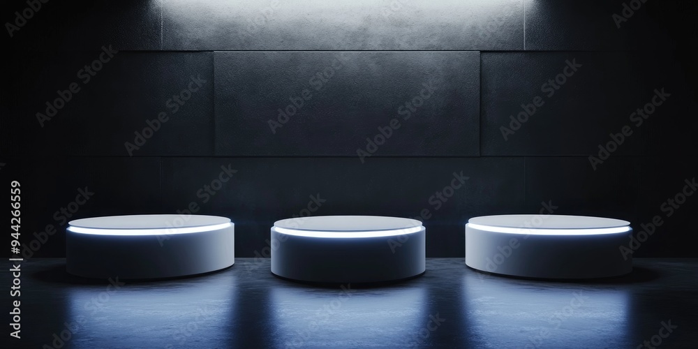 Poster 3d rendering of three vacant sci fi podiums for showcasing products