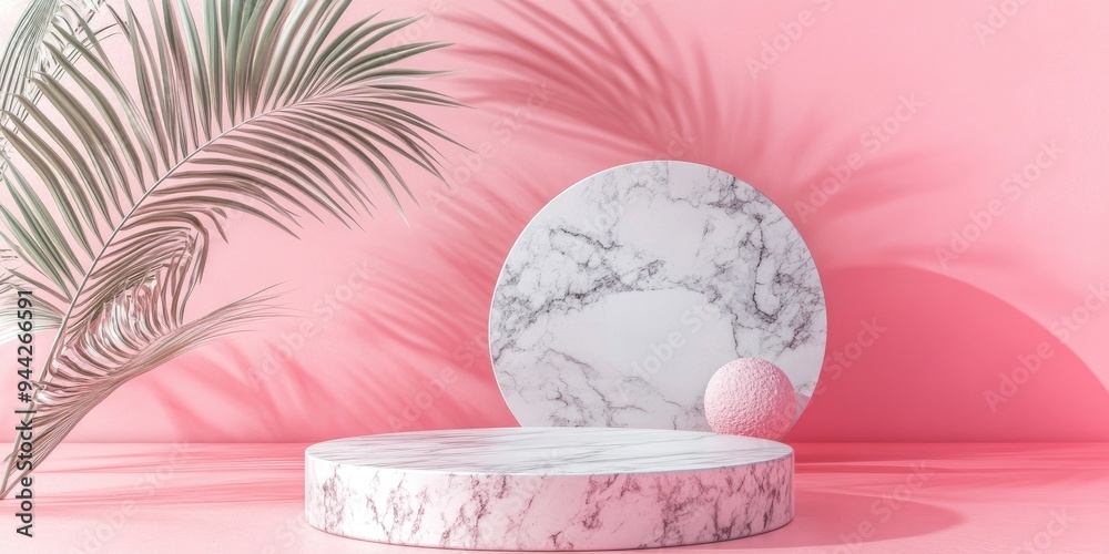 Poster 3d rendering of a stone palm leaf and pink background featuring a geometric design with a marble pod