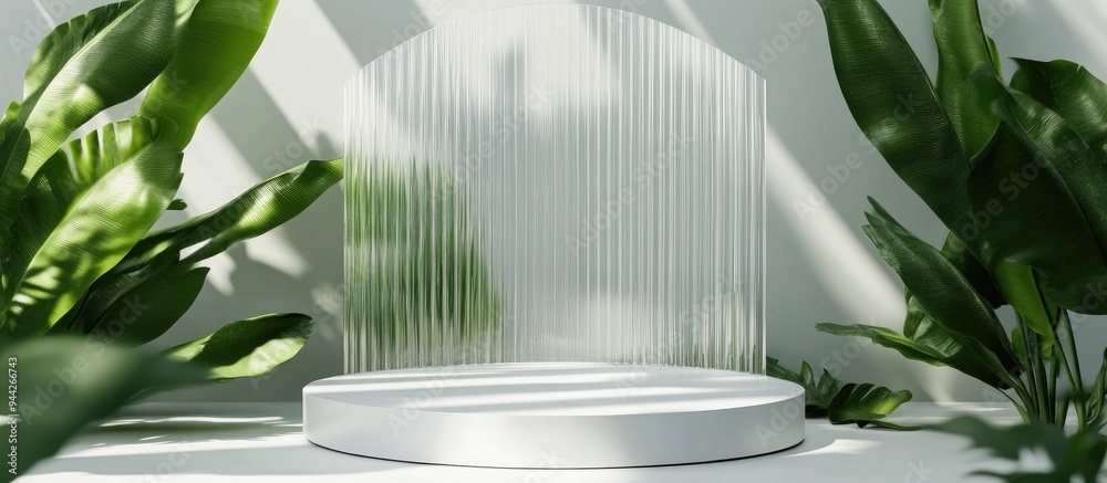 Aufkleber 3d render of an empty white circular display stand featuring a clear mirror effect and a reeded glas
