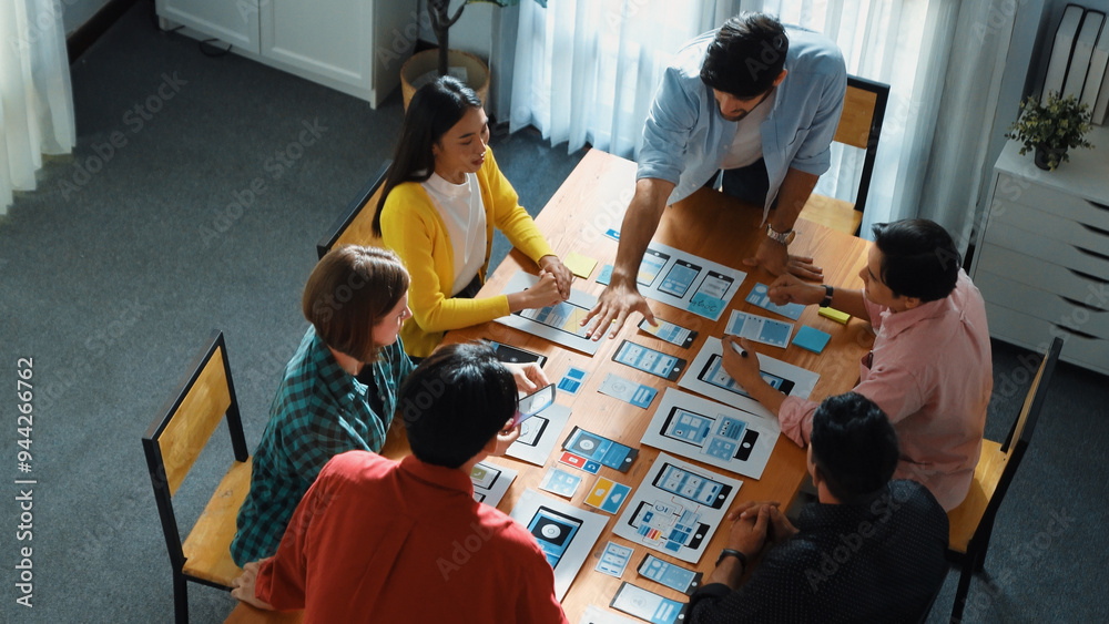 Poster top view of developer team designing ux ui design for phone interface or planning for making digital