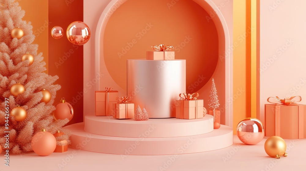 Poster 3d illustration of an empty cylinder product display with decorative elements for a festive promotio