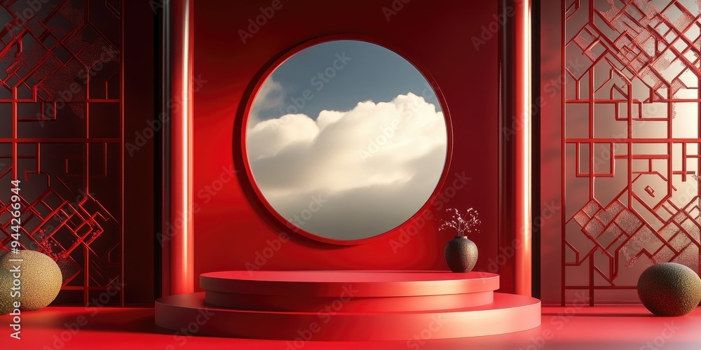 Aufkleber 3D abstract background in Chinese style featuring a product podium mockup on a red backdrop 3D rendered illustration