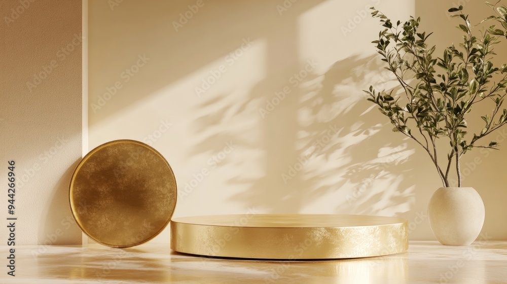 Poster 3d rendering of a minimalist backdrop for cream cosmetics featuring a modern gold podium