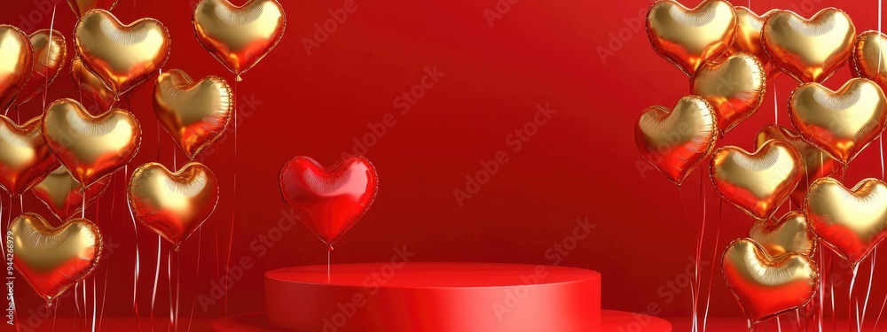 Poster 3d abstract love themed background featuring a red podium surrounded by golden heart shaped balloons
