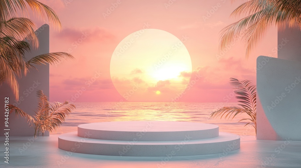 Aufkleber 3D podium with blank space for product showcase set against an abstract background of a sunset beach Concept of summer and vacation Graphic rendering and artistic design