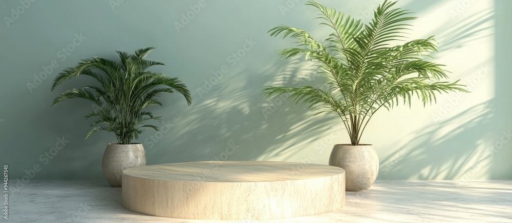 Aufkleber 3D rendering of a podium with a plant for product display background