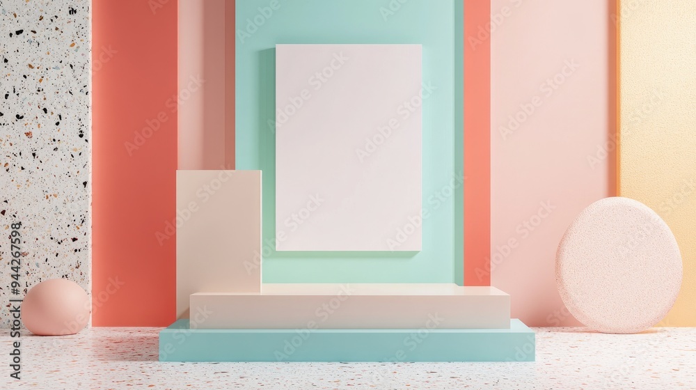 Poster 3D rendering of a contemporary mock up featuring an abstract geometric background a blank template a minimalist empty showcase primitive shapes and an art deco display in pastel colors