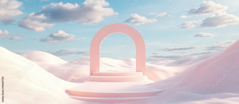 Poster 3d render of an abstract surreal pastel landscape featuring arches and a podium for product display 