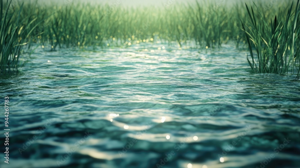 Poster 3d rendering of a water and grass surface