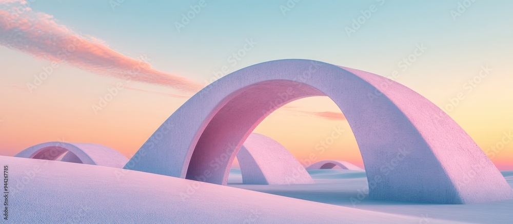 Poster 3d rendering of an abstract surreal pastel landscape featuring modern architecture and geometric arc