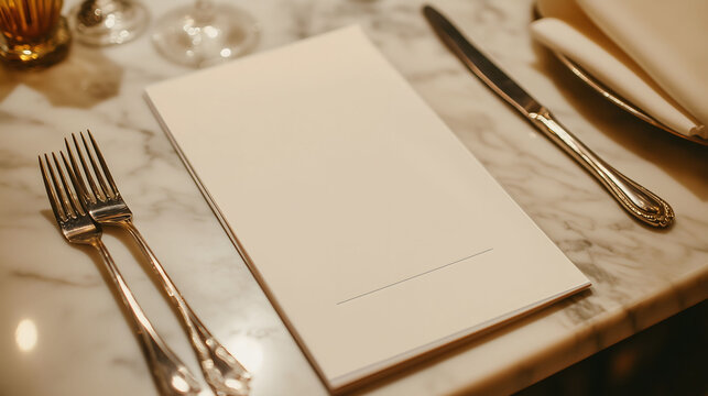Elegant restaurant menu lying on marble table with silverware