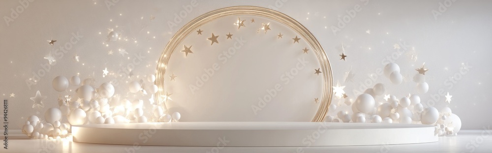 Poster 3d rendering of a light beige and gold product display stand featuring a ring of stars on a white ba