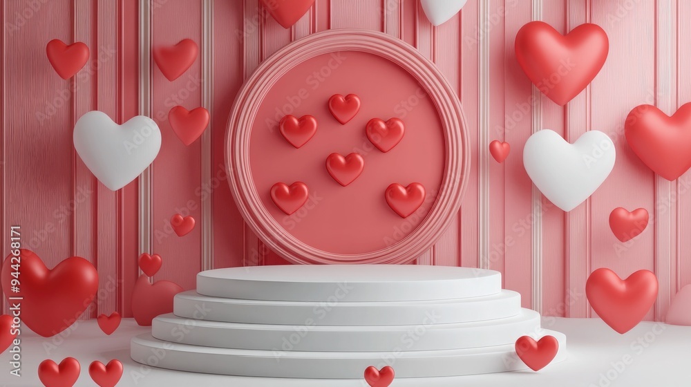 Poster 3d rendering of a podium adorned with heart shapes