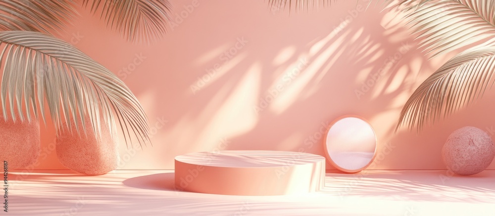 Aufkleber 3d render of a podium in boho style featuring an advertising stand with abstract shapes and palm lea
