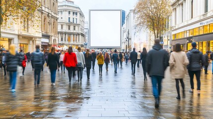 Crowd of people walking on busy shopping street with billboard