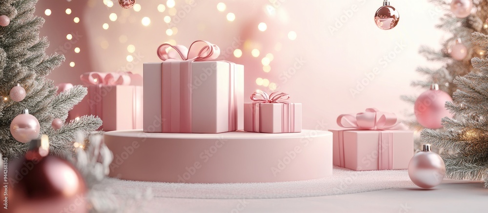 Poster 3d render of a festive background featuring wrapped gift boxes ornaments and empty podiums designed 