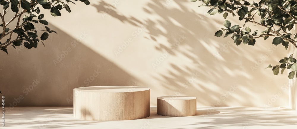 Aufkleber 3d backdrop featuring a wooden podium display natural beige banner with shadows product showcase for