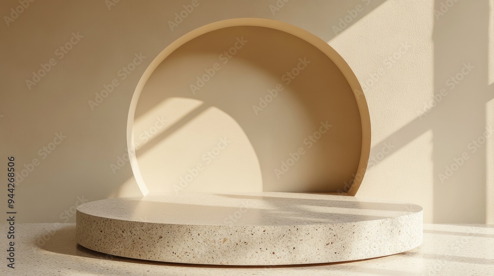 Poster 3d rendering of a blank mockup terrazzo curved podium against a beige circular background wall
