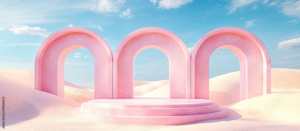 Poster 3d render of an abstract surreal pastel landscape featuring arches and a podium for product display 