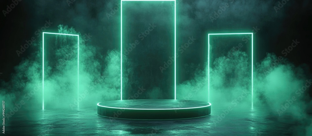 Poster 3d rendered green retro neon podium set against a dark neon wireframe backdrop featuring abstract gl