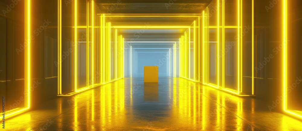 Poster 3d render of an abstract corridor with virtual reality elements featuring yellow neon lights a fashi