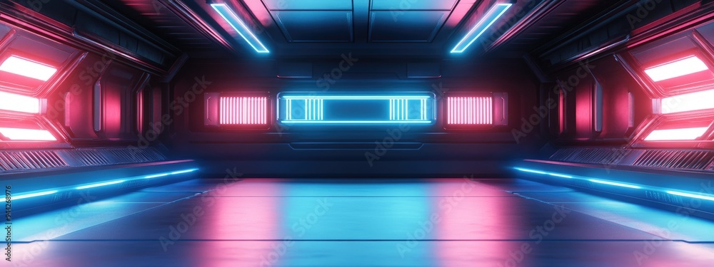 Poster 3D rendering of a neon metal texture on an empty stage set against a futuristic science and technology background