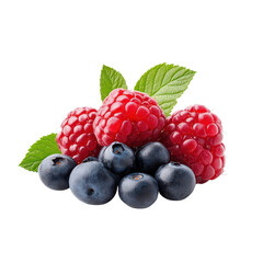 Fresh raspberries and blueberries with green leaves, perfect for healthy recipes and vibrant food presentations isolate on transparency background