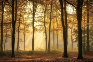 Fototapeta premium Sunbeams Illuminating a Misty Autumn Forest