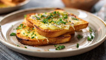 Crispy toast slathered with garlic butter and topped with melted cheese. Tasty food for lunch.