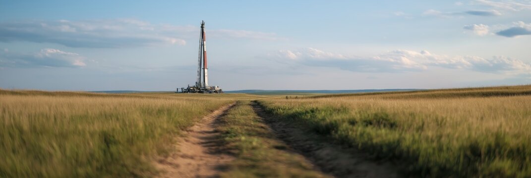 A dirt road stretches to an oil drilling rig in a wide open field under a clear blue sky, a scene of industry in nature.