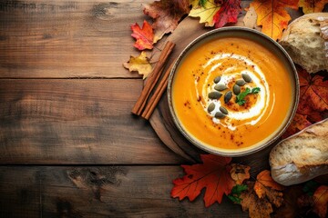 Pumpkin Soup with Cream and Bread on Wooden Table with Autumn Leaves