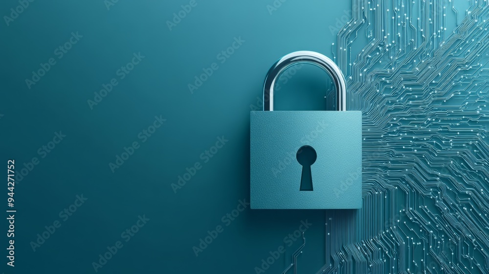 Poster Minimalist close-up of a metallic lock on a circuit board with abstract network lines. Digital security for data encryption.