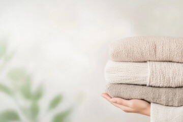 Cozy Knit Sweaters Piled in Female Arms Against Soft Neutral Background